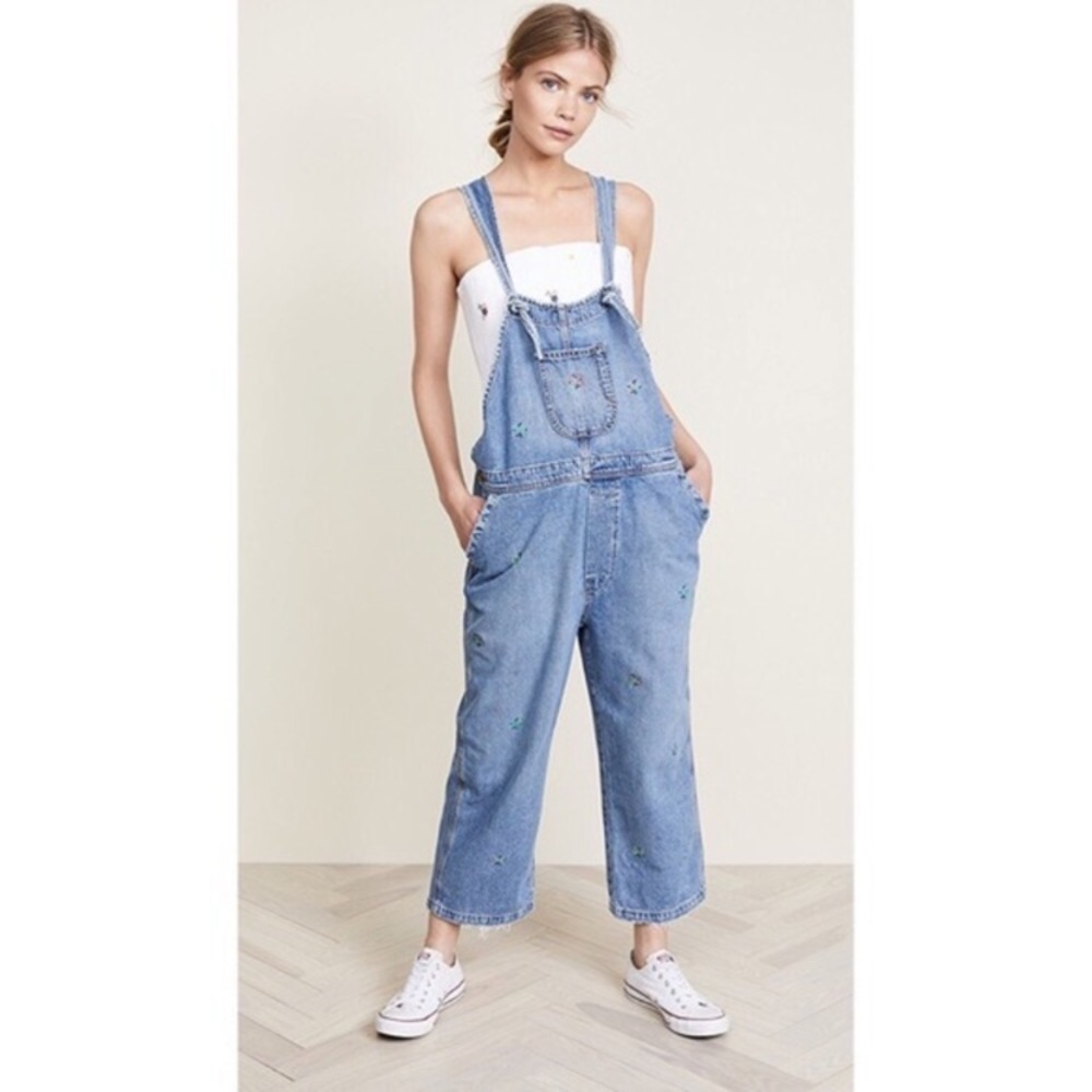 The Great Floral Embroidered Denim Overalls